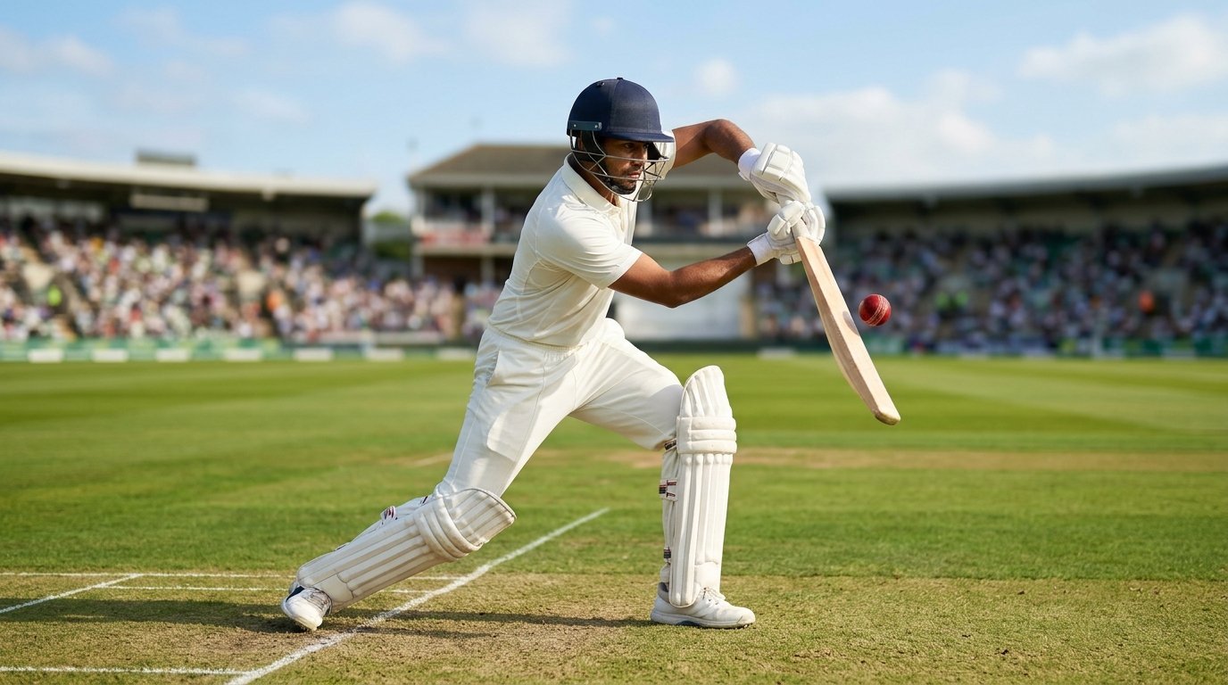 Young Indian batsman playing an elegant classical cover drive shot during cricket talent hunt trials