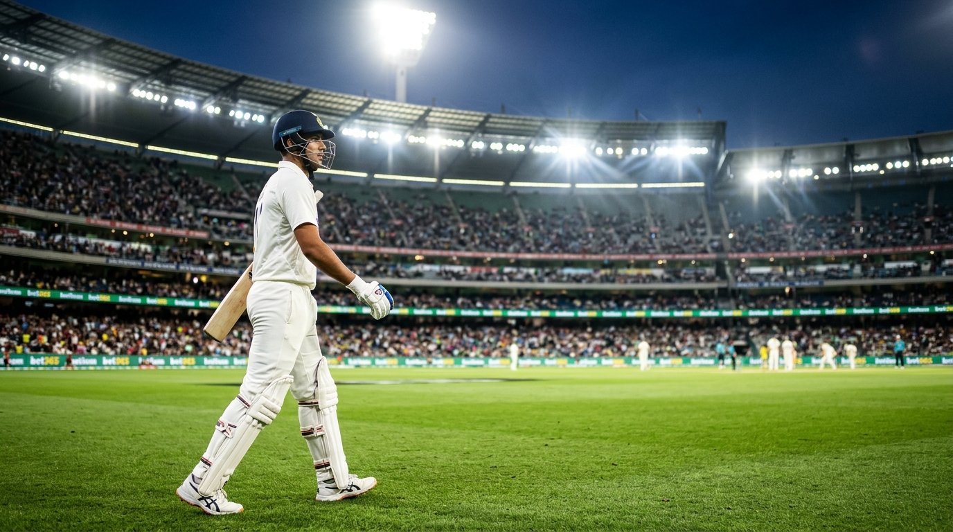 Cricket player holding his bat in a modern illuminated stadium match environment under floodlights