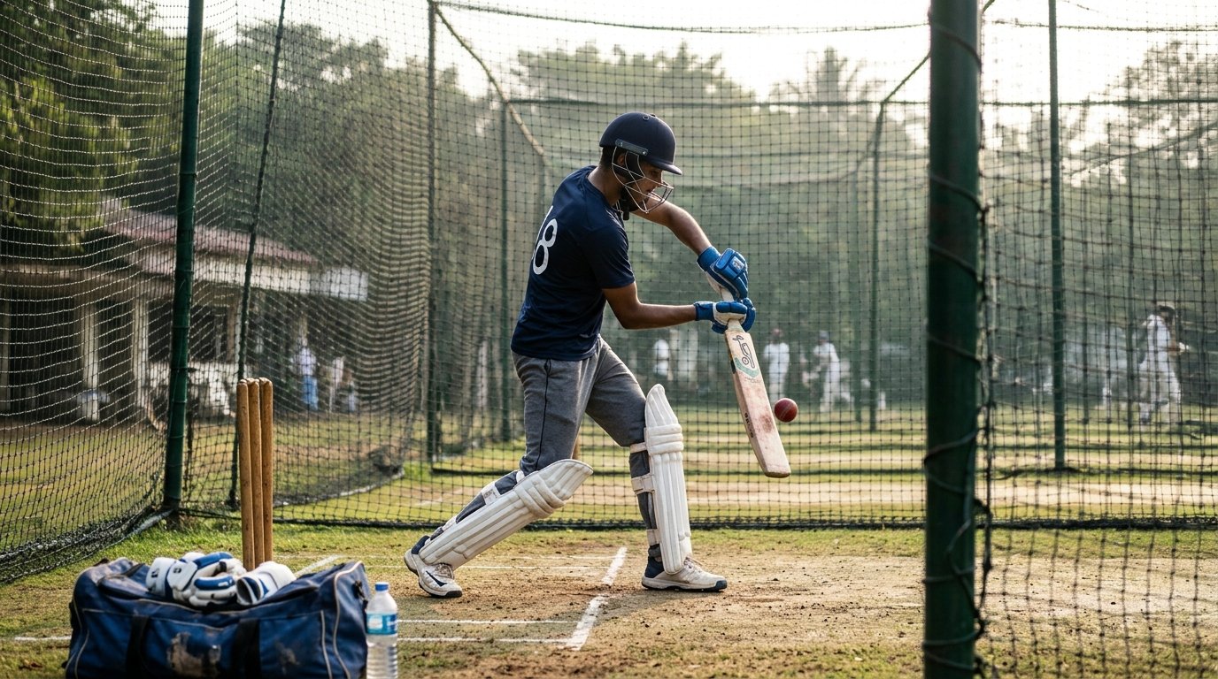 Dedicated cricket player practicing in professional outdoor training nets during morning coaching session